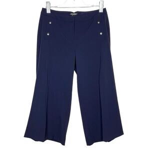 ROZ & ALI Wide-Leg Trouser Cropped Pants Mid-Rise Button Front Navy Blue Size 2